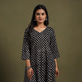Black Block Print Natural Dyed Cotton A-Line Bagru Kurta