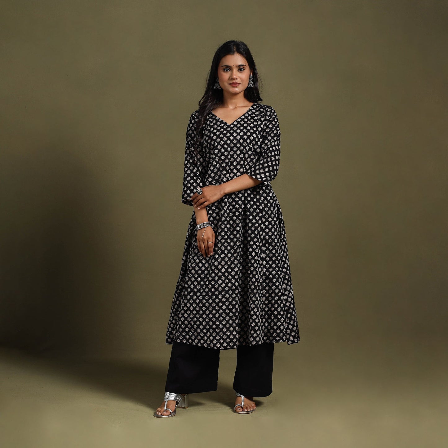Black Block Print Natural Dyed Cotton A-Line Bagru Kurta