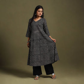 Black Block Print Natural Dyed Cotton A-Line Bagru Kurta