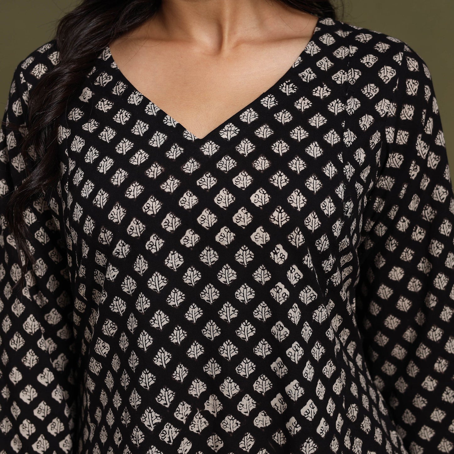 Black Block Print Natural Dyed Cotton A-Line Bagru Kurta