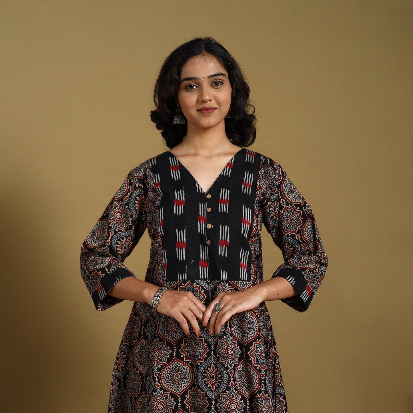 Black - natural dyed cotton a-line hand kurta with ikat