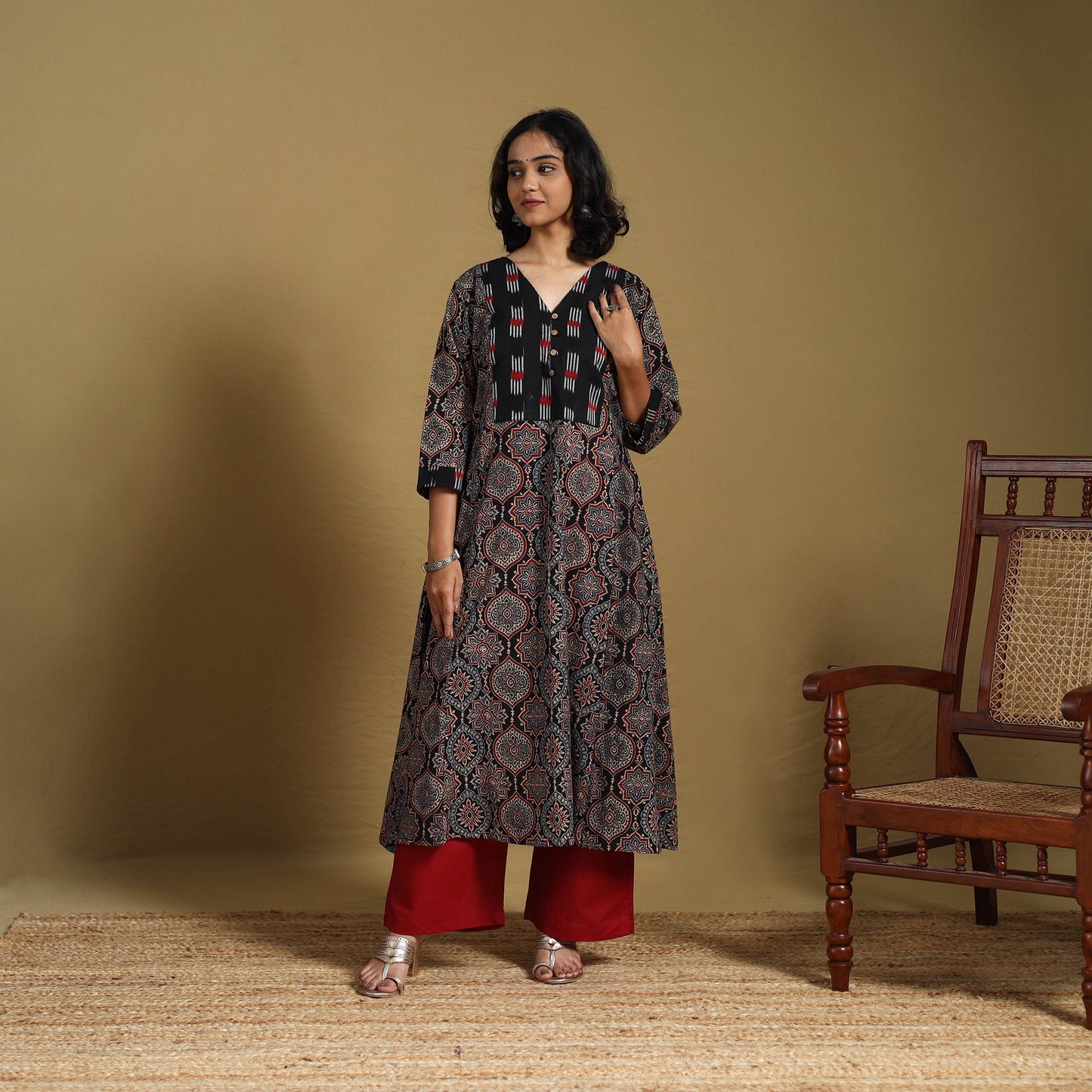 Black - natural dyed cotton a-line hand kurta with ikat