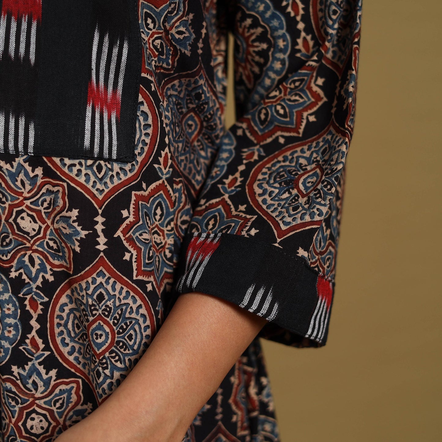 Black - natural dyed cotton a-line hand kurta with ikat