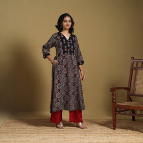 Black - natural dyed cotton a-line hand kurta with ikat