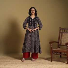 Black - natural dyed cotton a-line hand kurta with ikat
