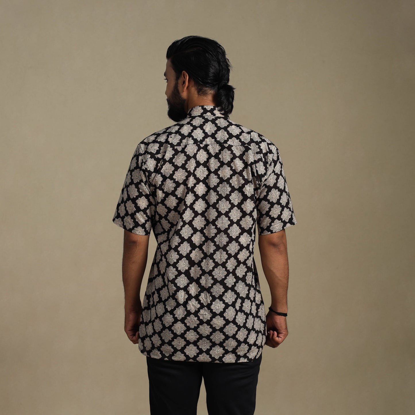 Balck Natural Dyed Block Print Cotton Men Half Sleeve Bagru Shirt