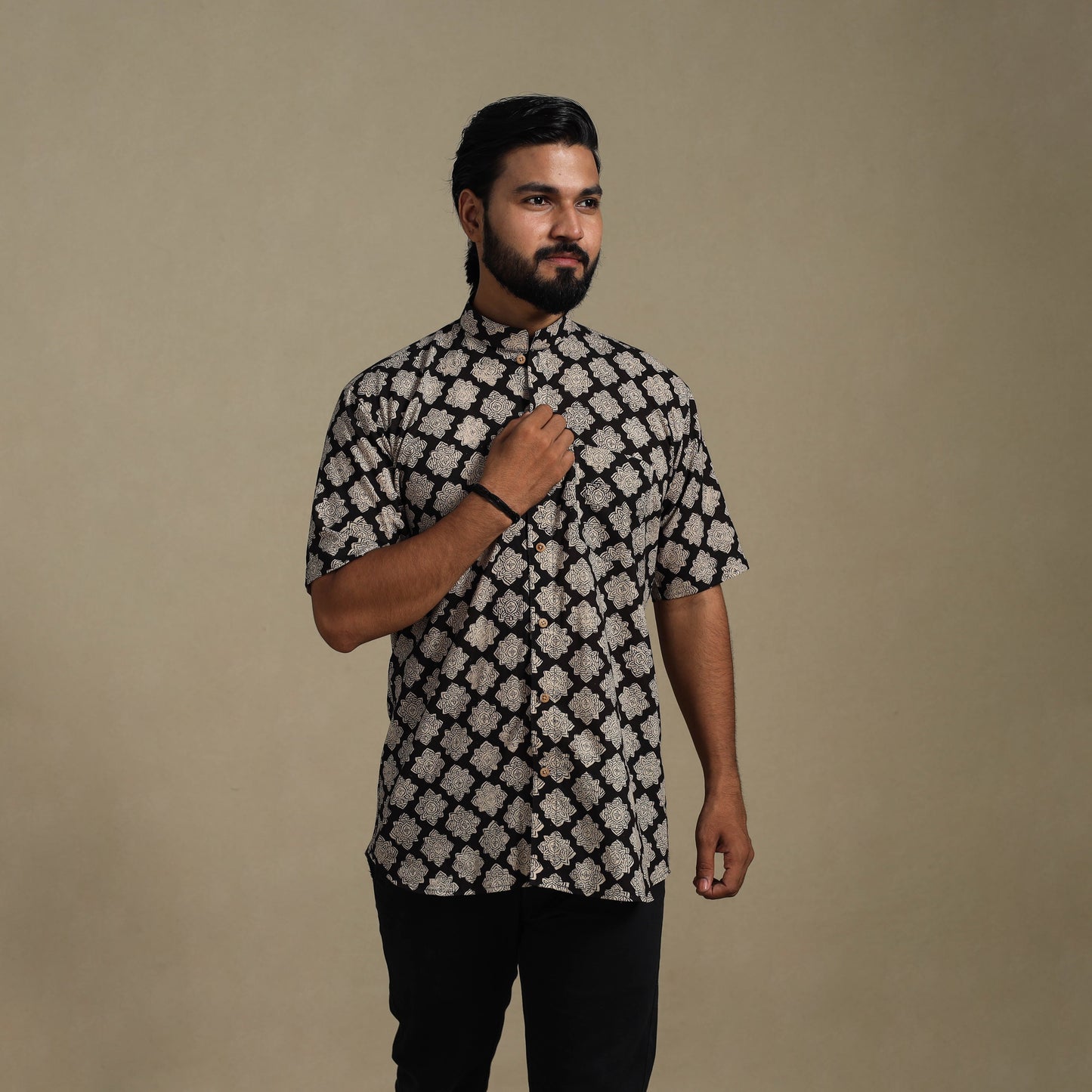 Balck Natural Dyed Block Print Cotton Men Half Sleeve Bagru Shirt
