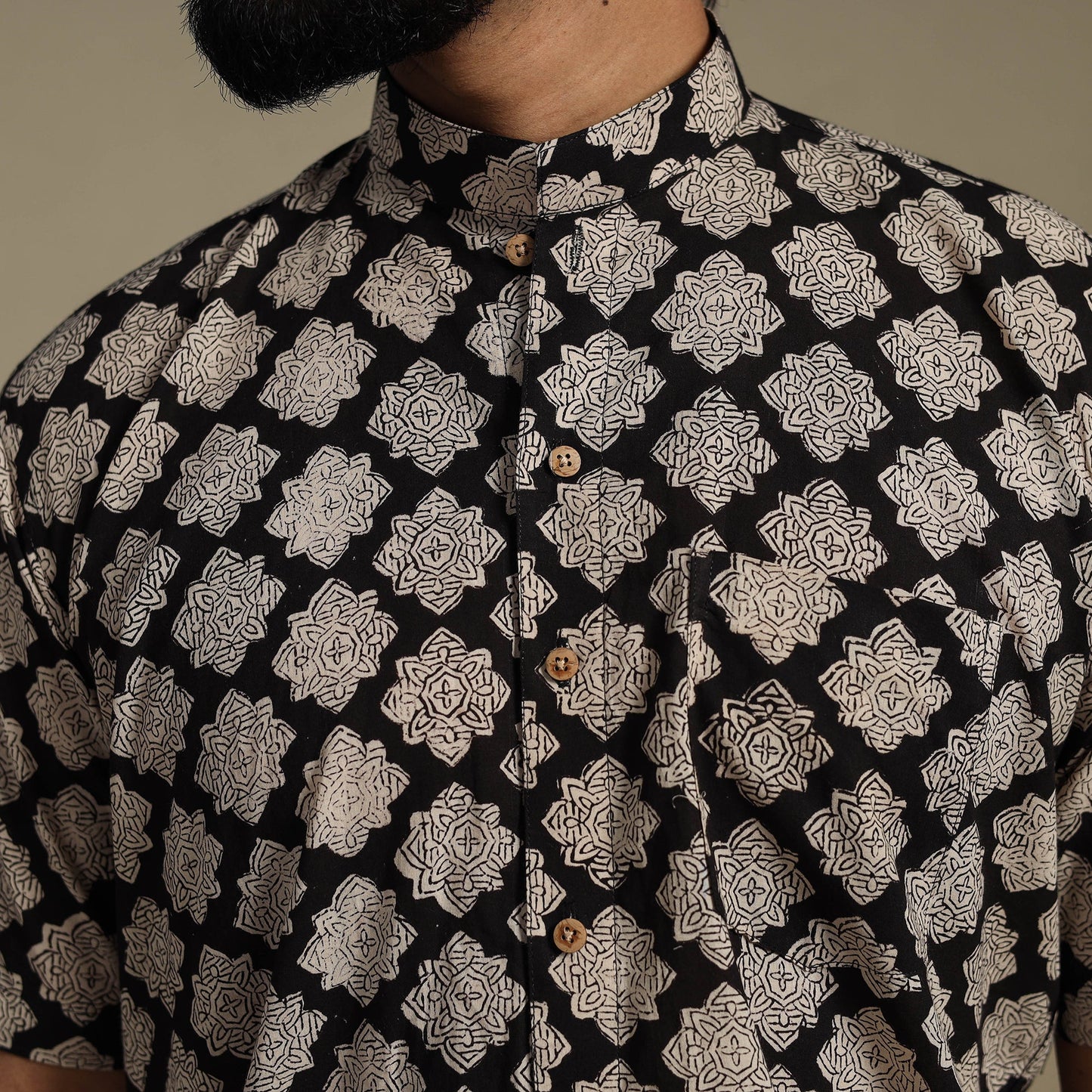 Balck Natural Dyed Block Print Cotton Men Half Sleeve Bagru Shirt