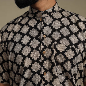 Balck Natural Dyed Block Print Cotton Men Half Sleeve Bagru Shirt