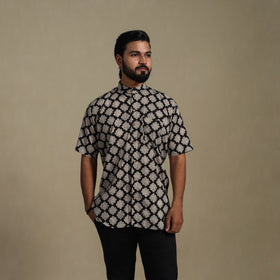 Balck Natural Dyed Block Print Cotton Men Half Sleeve Bagru Shirt
