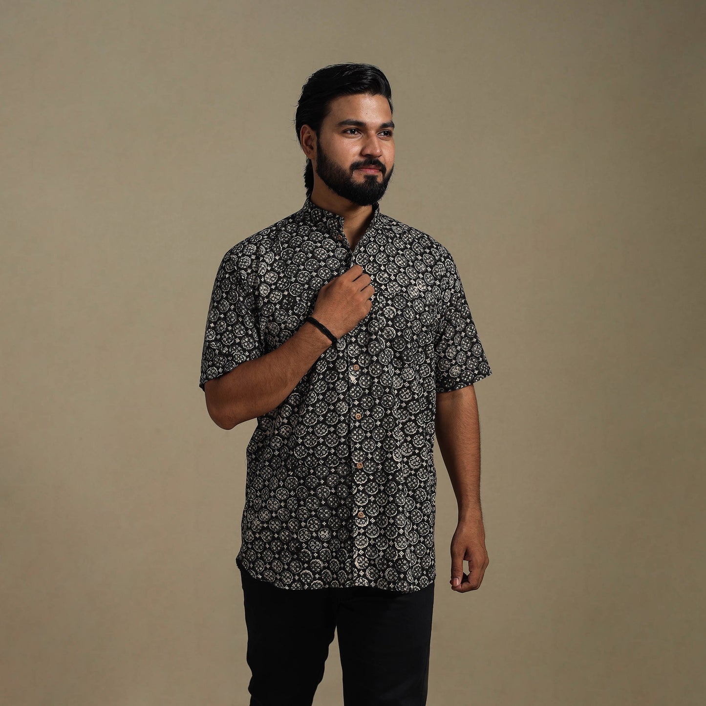Black - natural dyed cotton men half sleeve bagru shirt 04