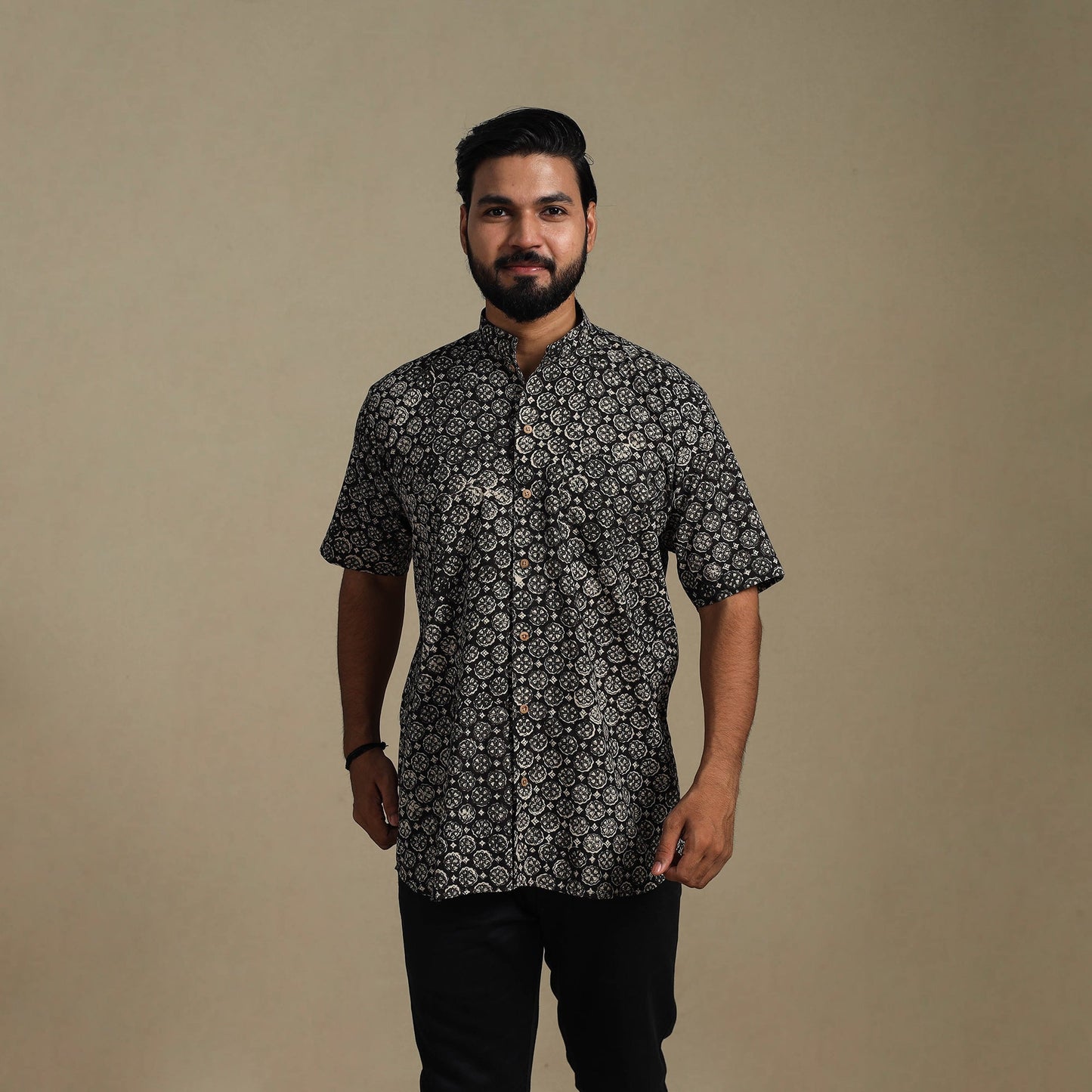 Black - natural dyed cotton men half sleeve bagru shirt 04