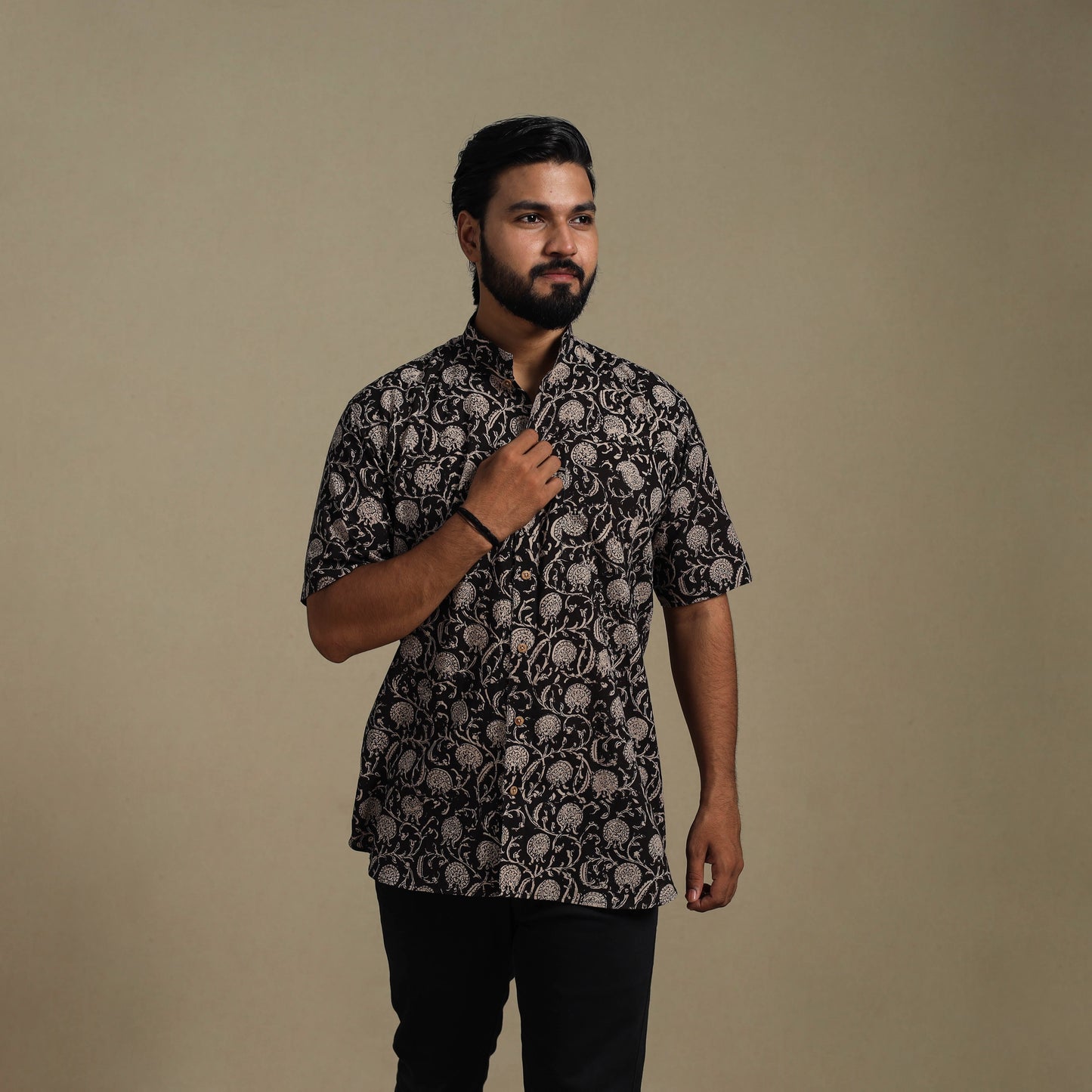 Black - natural dyed cotton men half sleeve bagru shirt 08