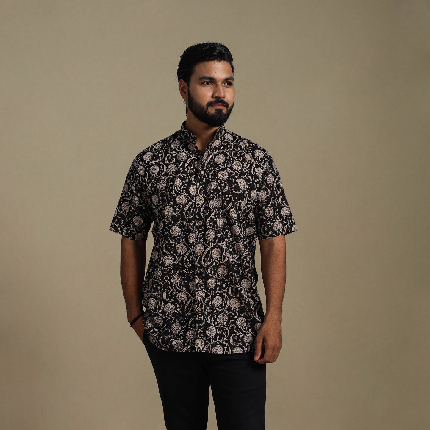 Black - natural dyed cotton men half sleeve bagru shirt 08