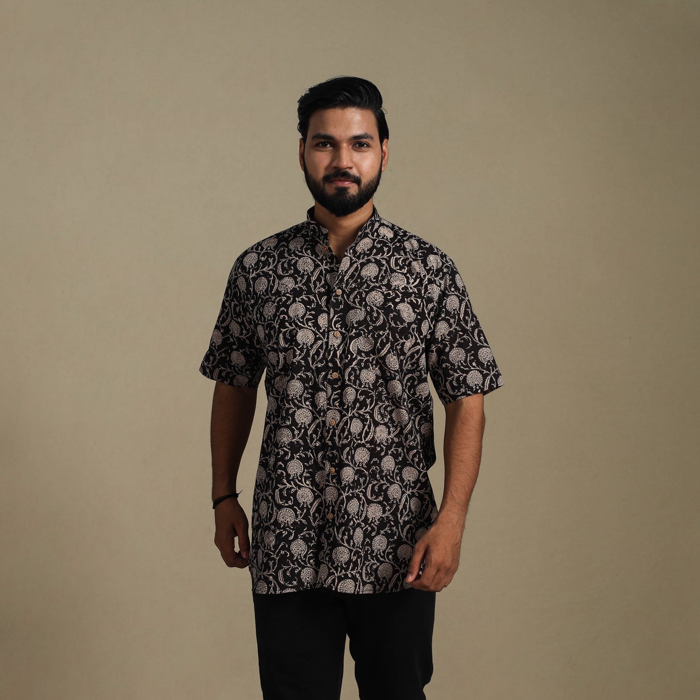 Black - natural dyed cotton men half sleeve bagru shirt 08