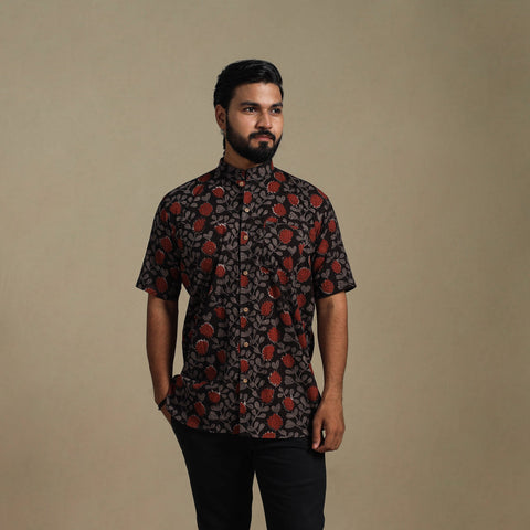 Black - natural dyed cotton men half sleeve bagru shirt 09