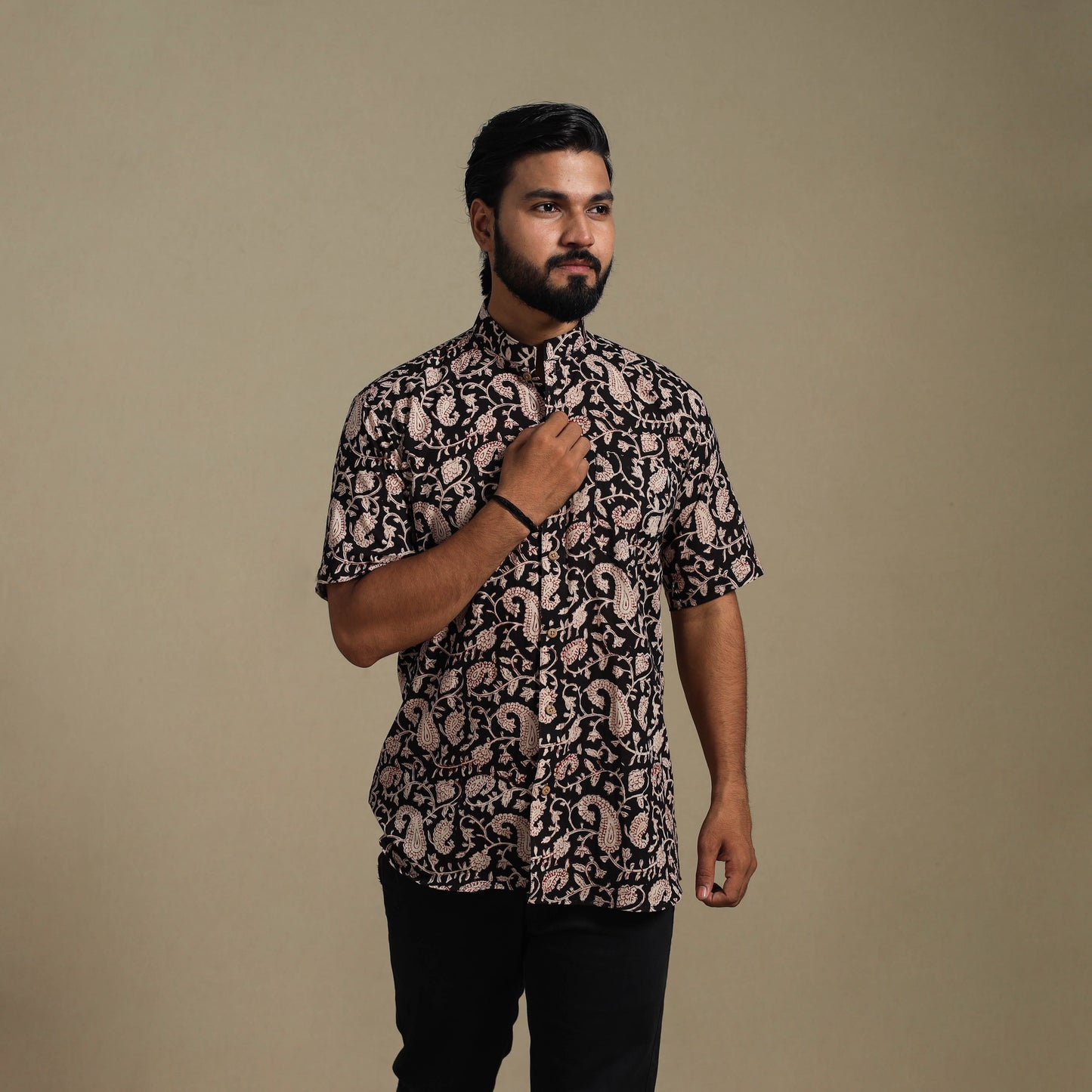 Black - natural dyed cotton men half sleeve bagru shirt 10