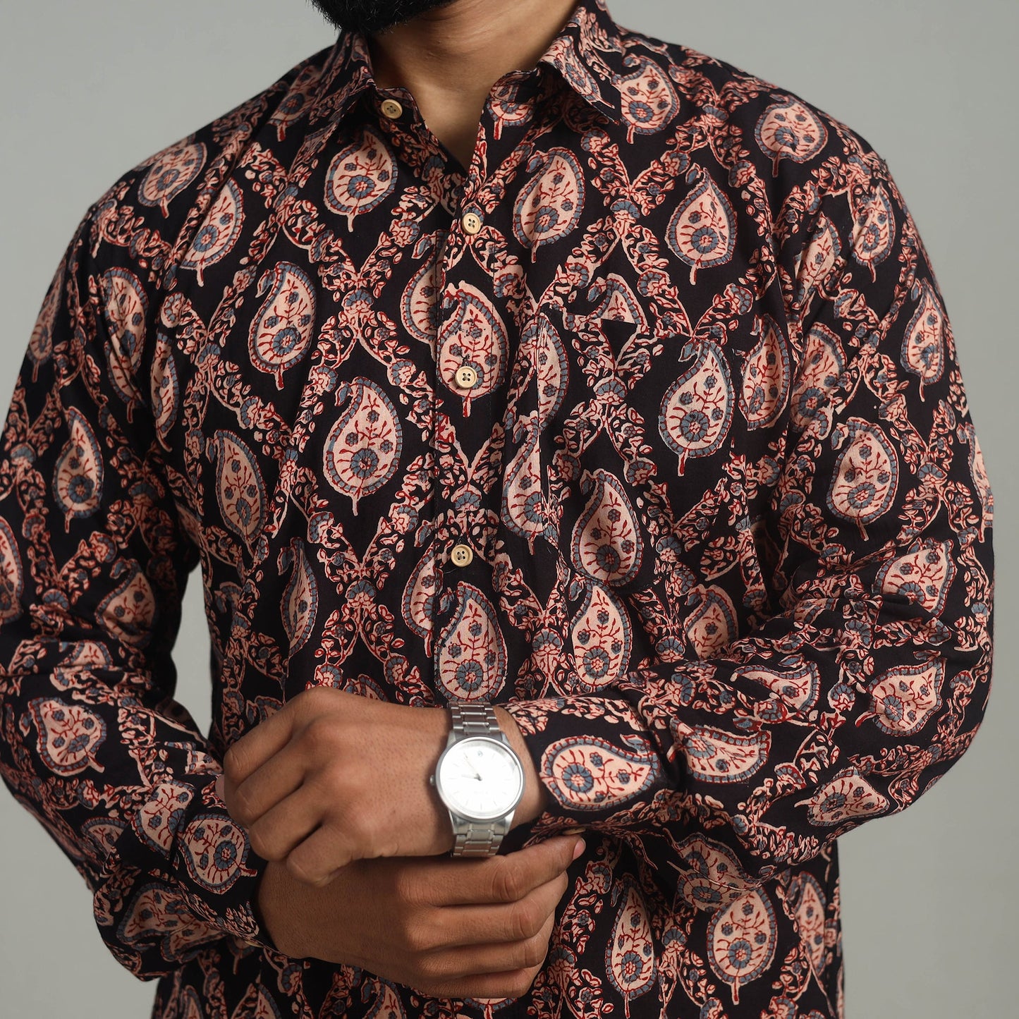  Black Natural Dyed Cotton Men Ajrakh Print Shirt 
