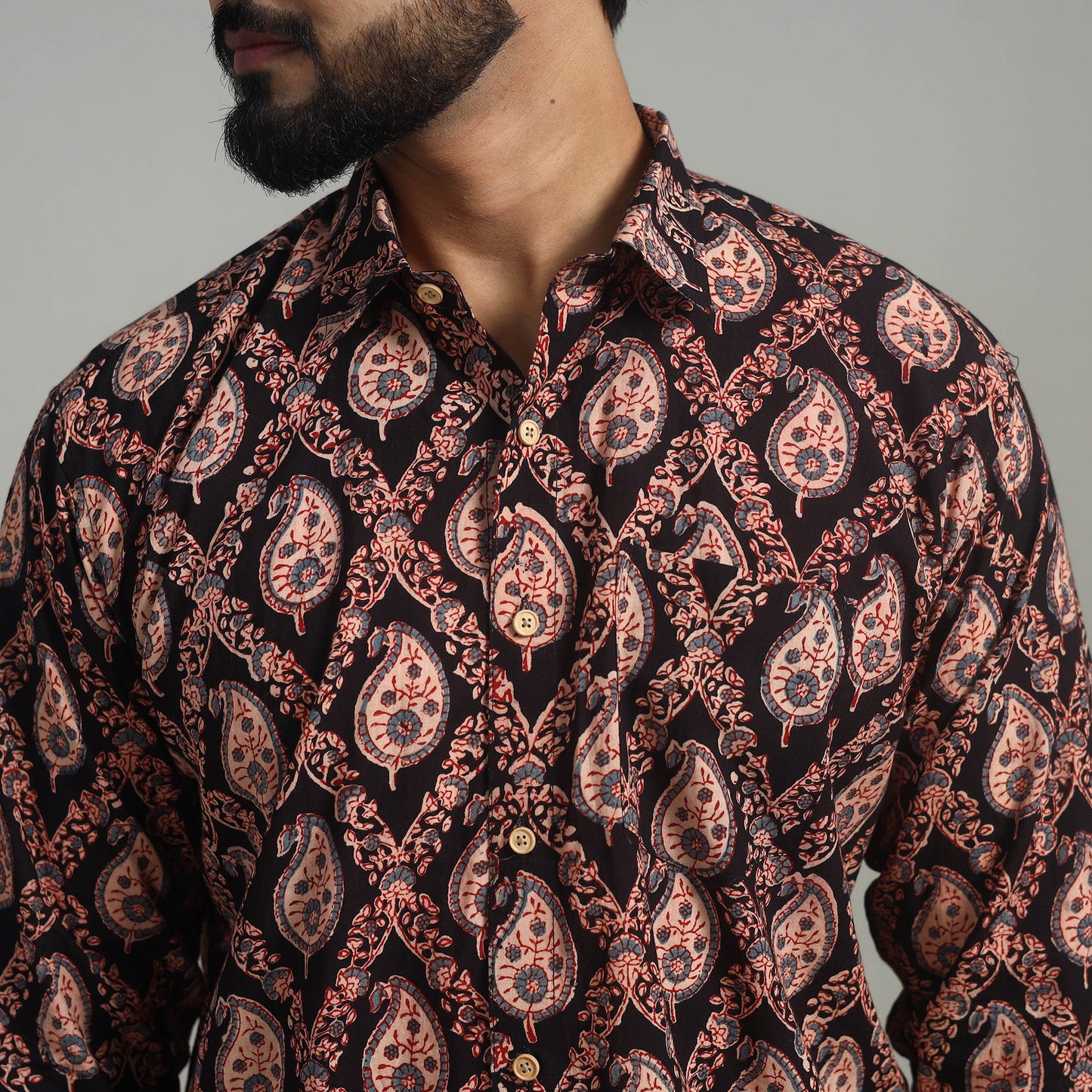  Black Natural Dyed Cotton Men Ajrakh Print Shirt 