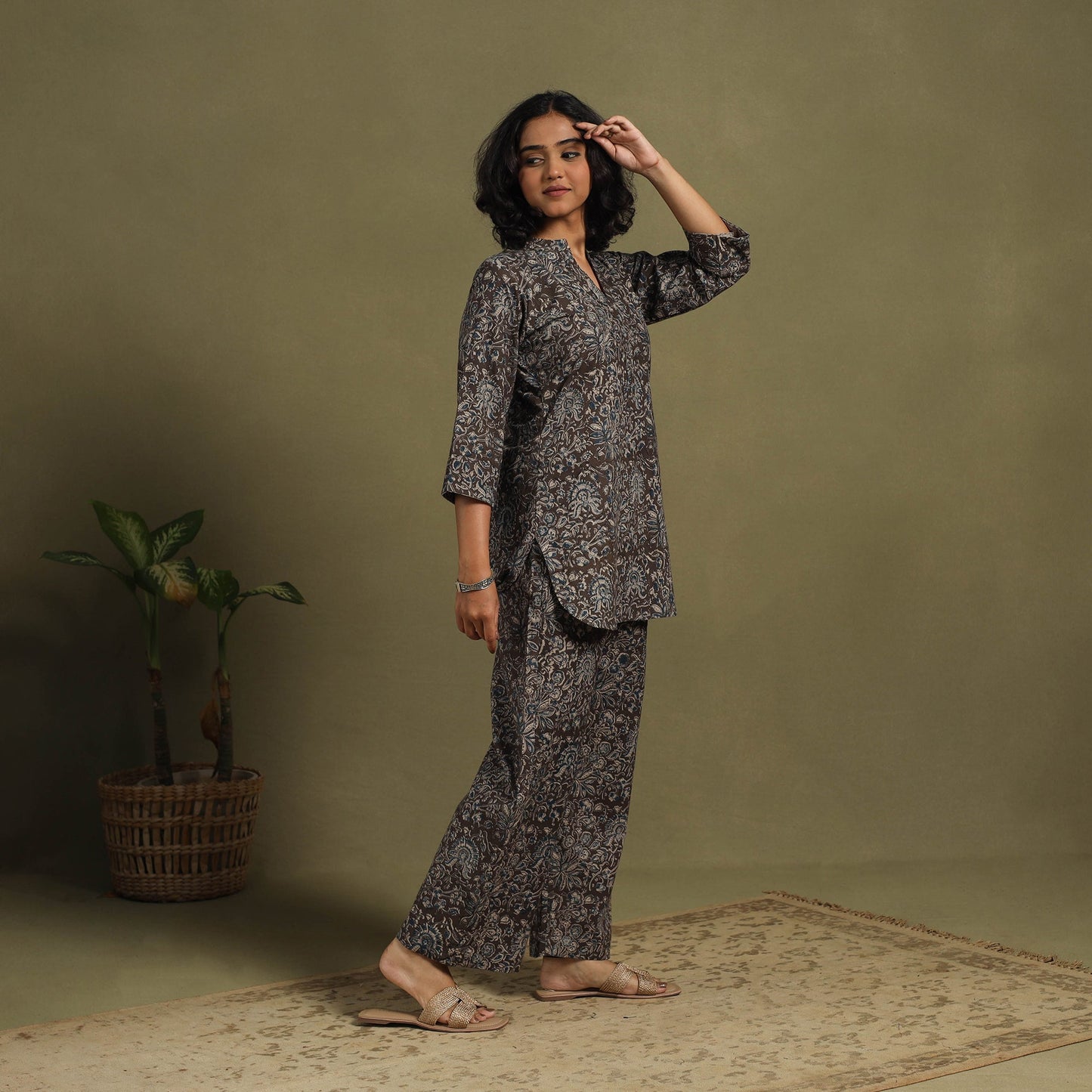 Black Natural Dyed Block Print Cotton Pedana Kalamkari Co-ord Set