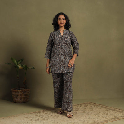 Black Natural Dyed Block Print Cotton Pedana Kalamkari Co-ord Set