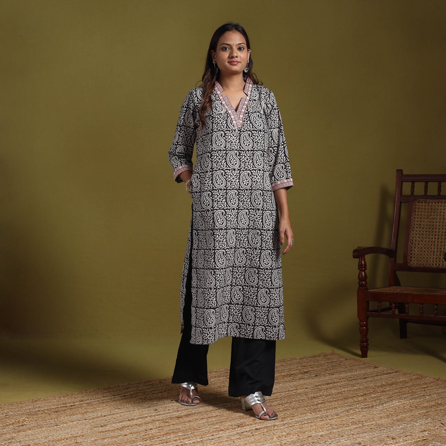 Black - natural dyed cotton straight bagh kurta 12