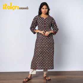  Bagru Hand Block Printed Cotton Long Kurta for Women