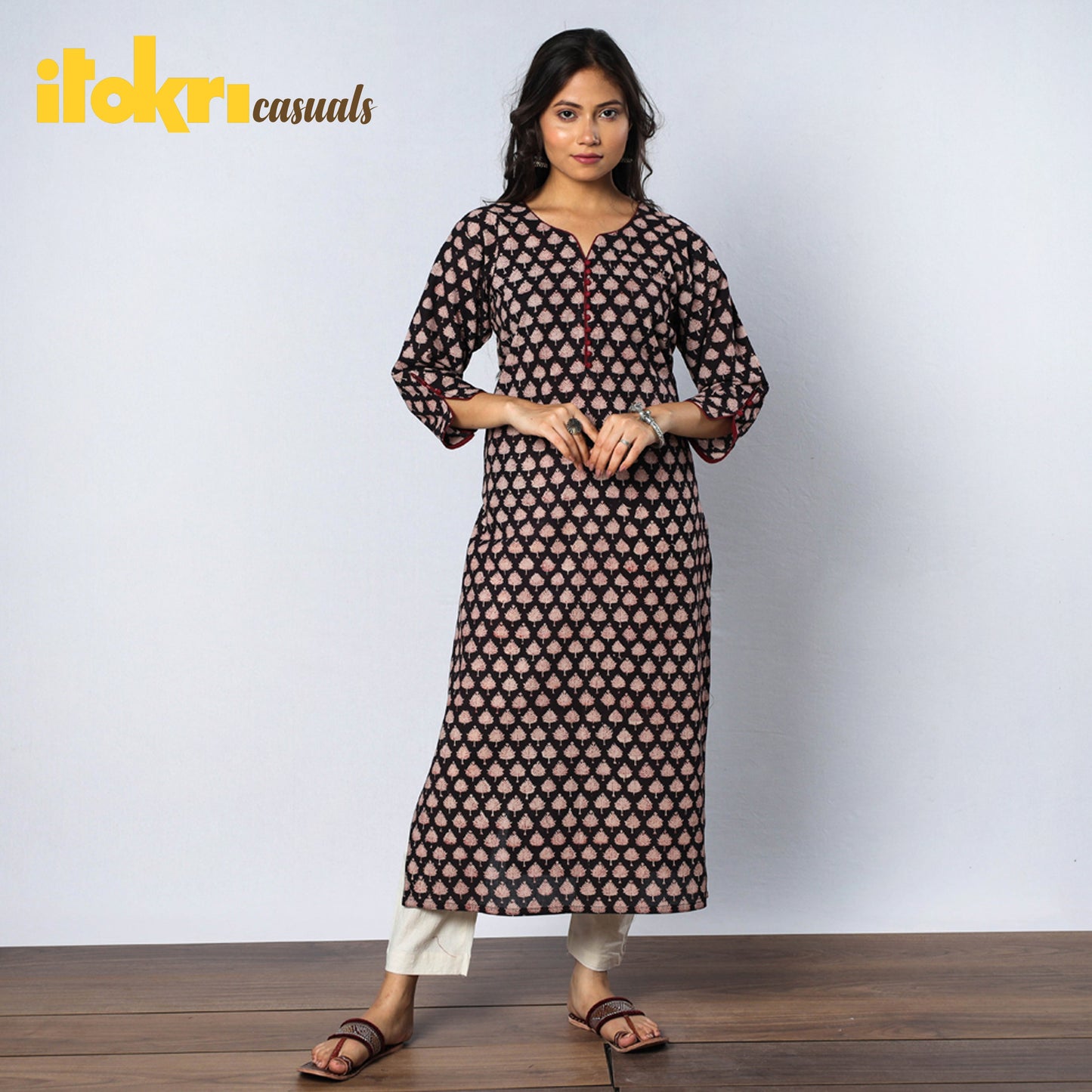  Bagru Hand Block Printed Cotton Long Kurta for Women