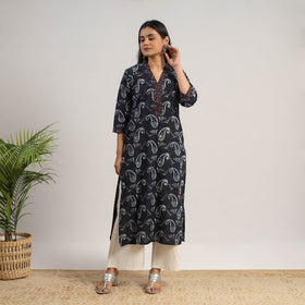 Black Natural Dyed Cotton Straight Jahota Print Kurta for Women