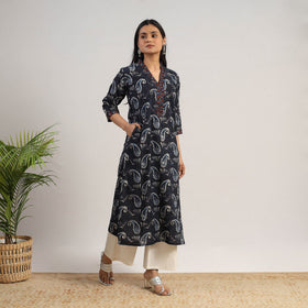 Black Natural Dyed Cotton Straight Jahota Print Kurta for Women