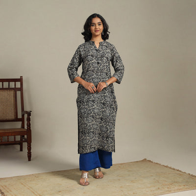 Black Natural Dyed Cotton Straight Pedana Kalamkari Print Kurta
