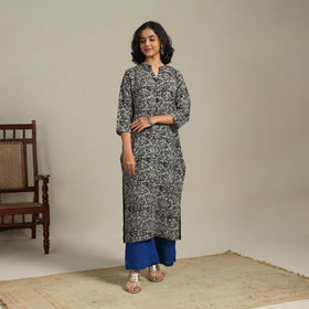 Black Natural Dyed Cotton Straight Pedana Kalamkari Print Kurta