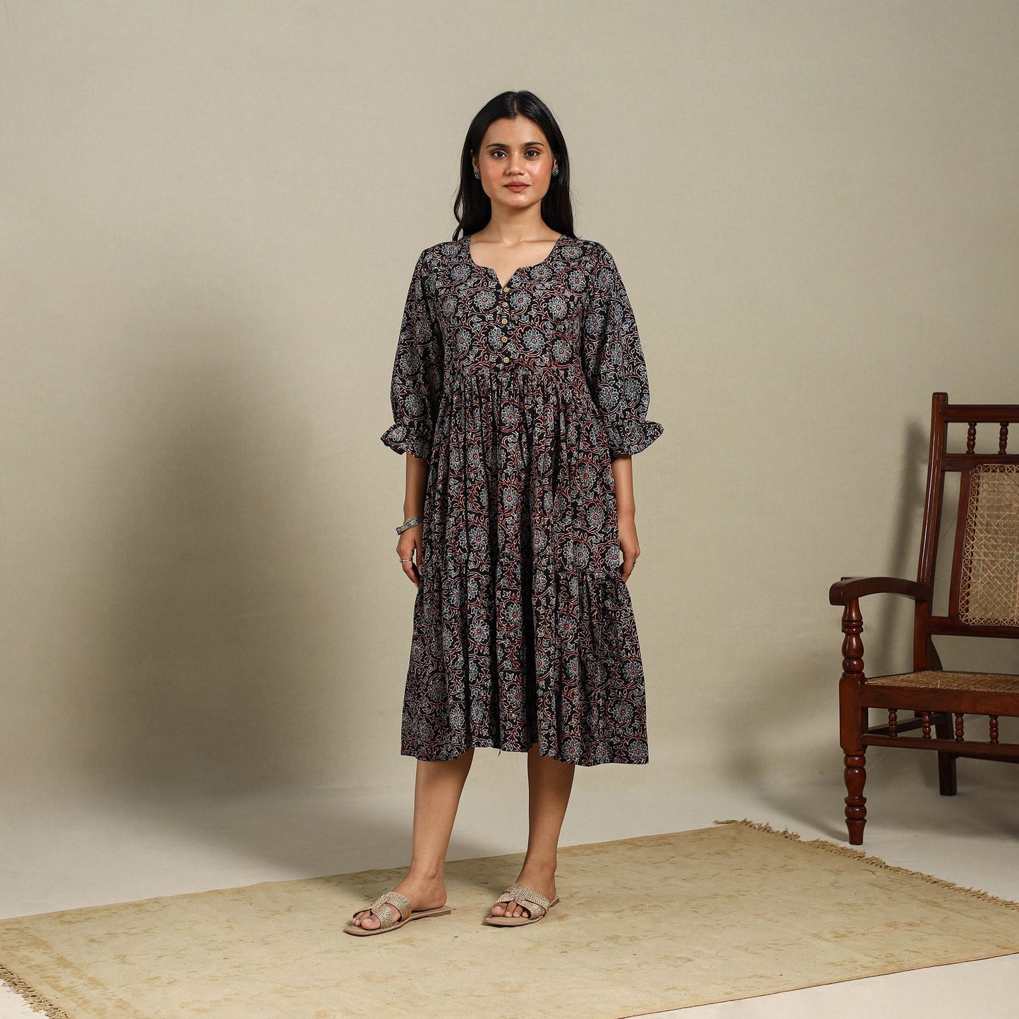 Black - natural dyed cotton tiered dress 07 - handcrafted