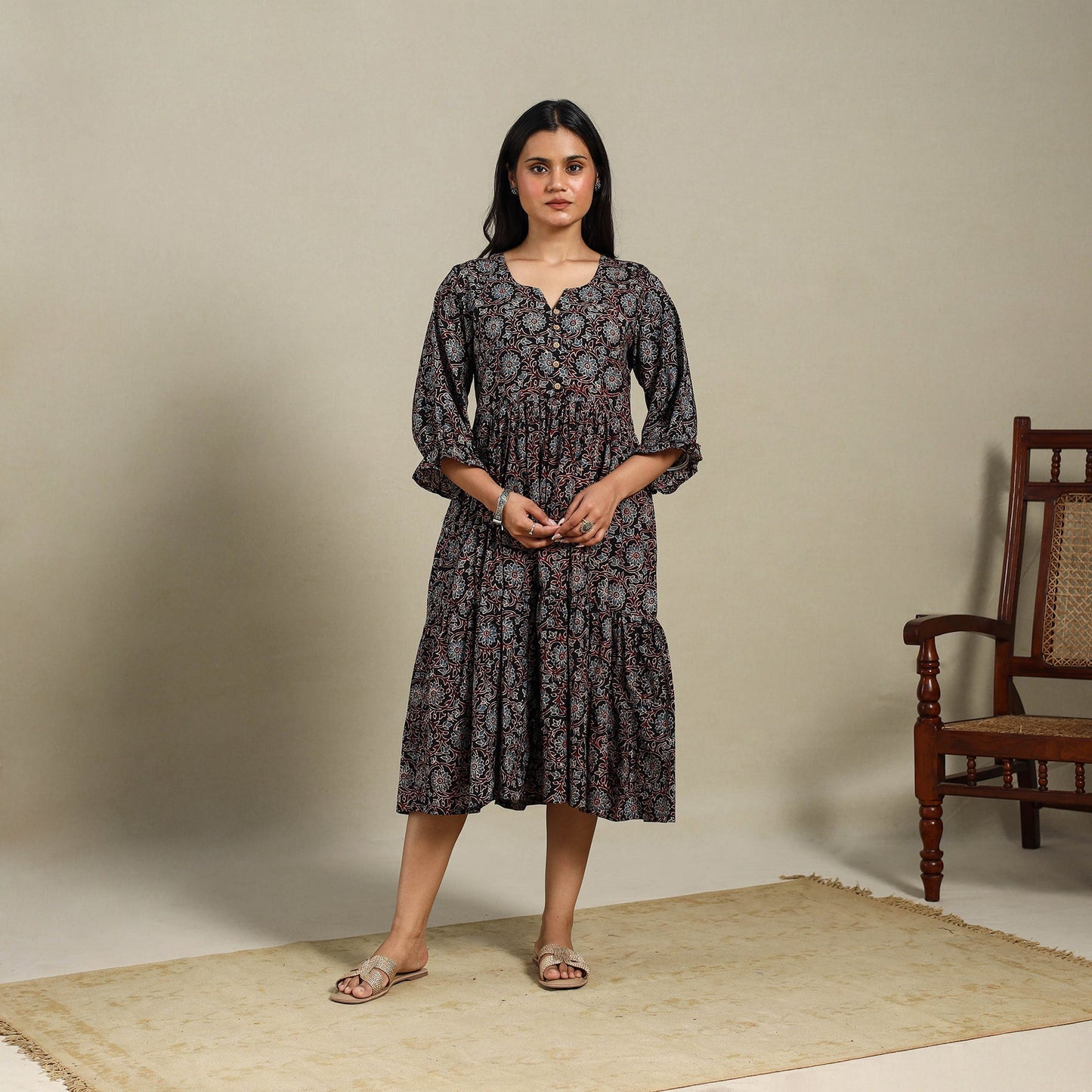 Black - natural dyed cotton tiered dress 07 - handcrafted