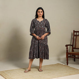 Black - natural dyed cotton tiered dress 07 - handcrafted