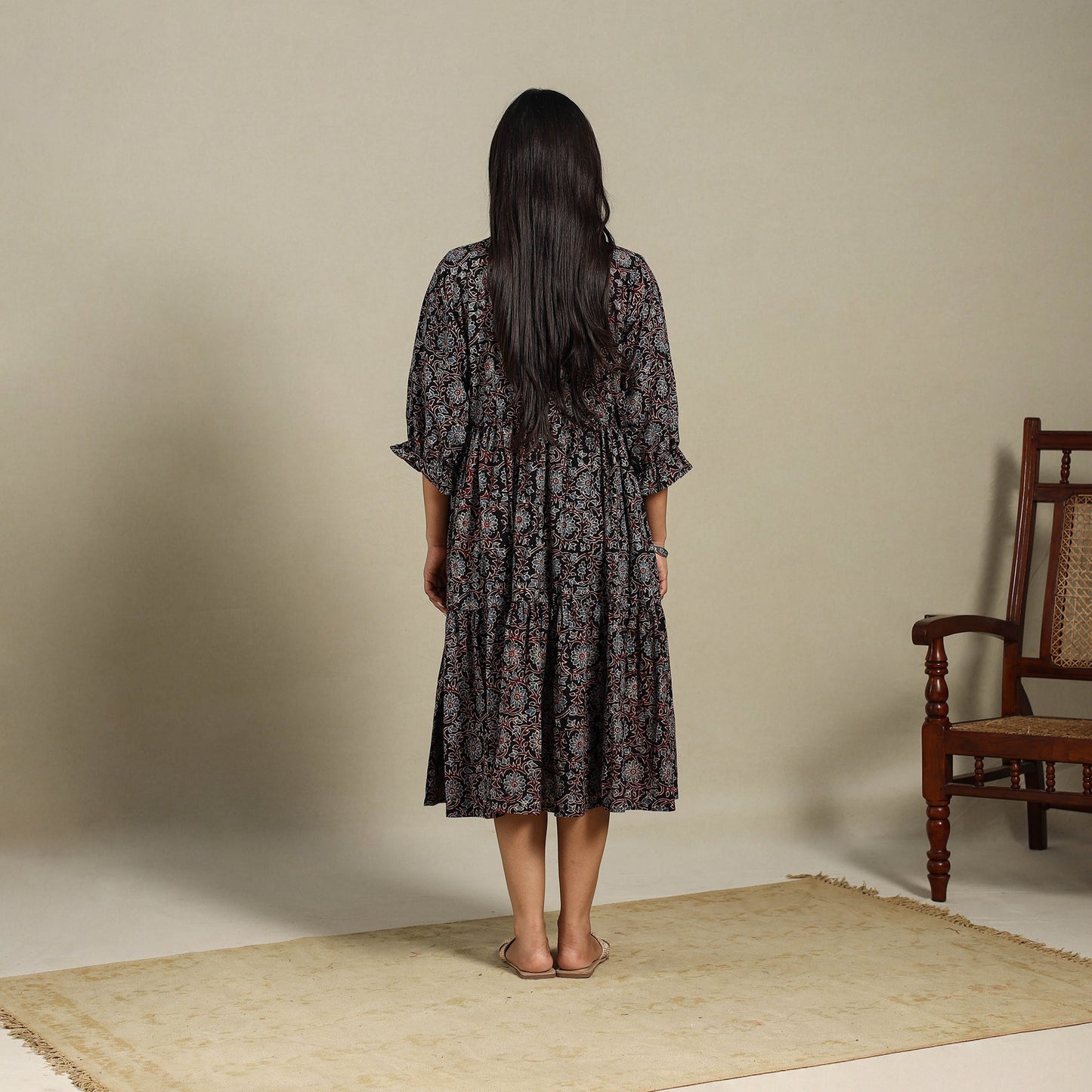 Black - natural dyed cotton tiered dress 07 - handcrafted