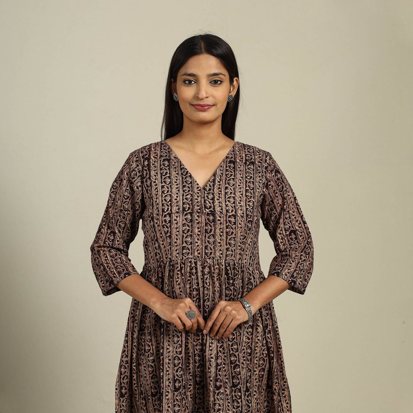Black Block Print Natural Dyed Cotton Tiered Kalamkari Dress