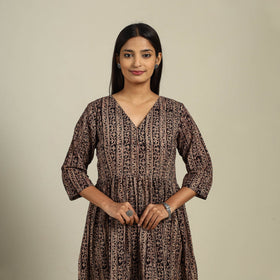 Black Block Print Natural Dyed Cotton Tiered Kalamkari Dress
