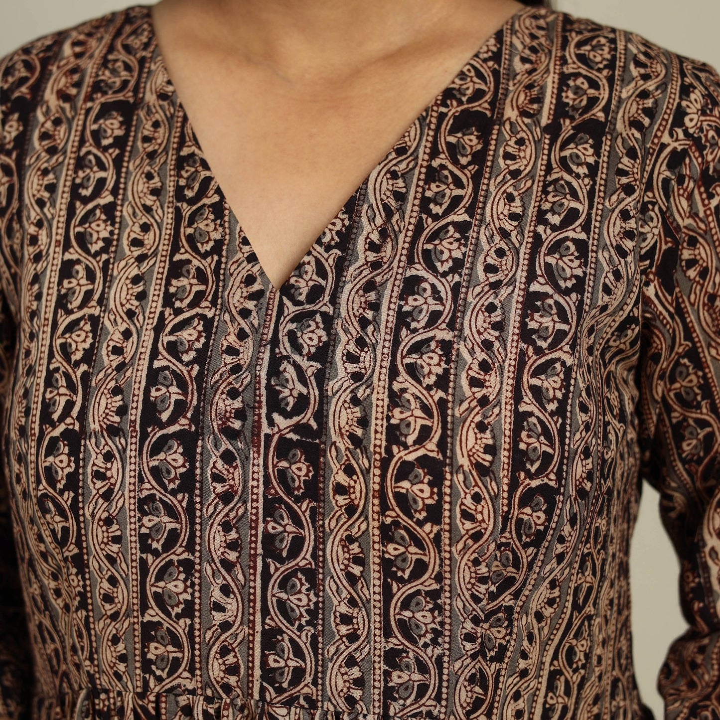 Black Block Print Natural Dyed Cotton Tiered Kalamkari Dress