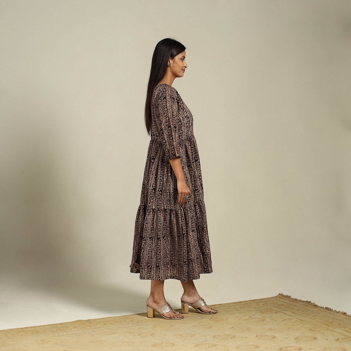 Black Block Print Natural Dyed Cotton Tiered Kalamkari Dress