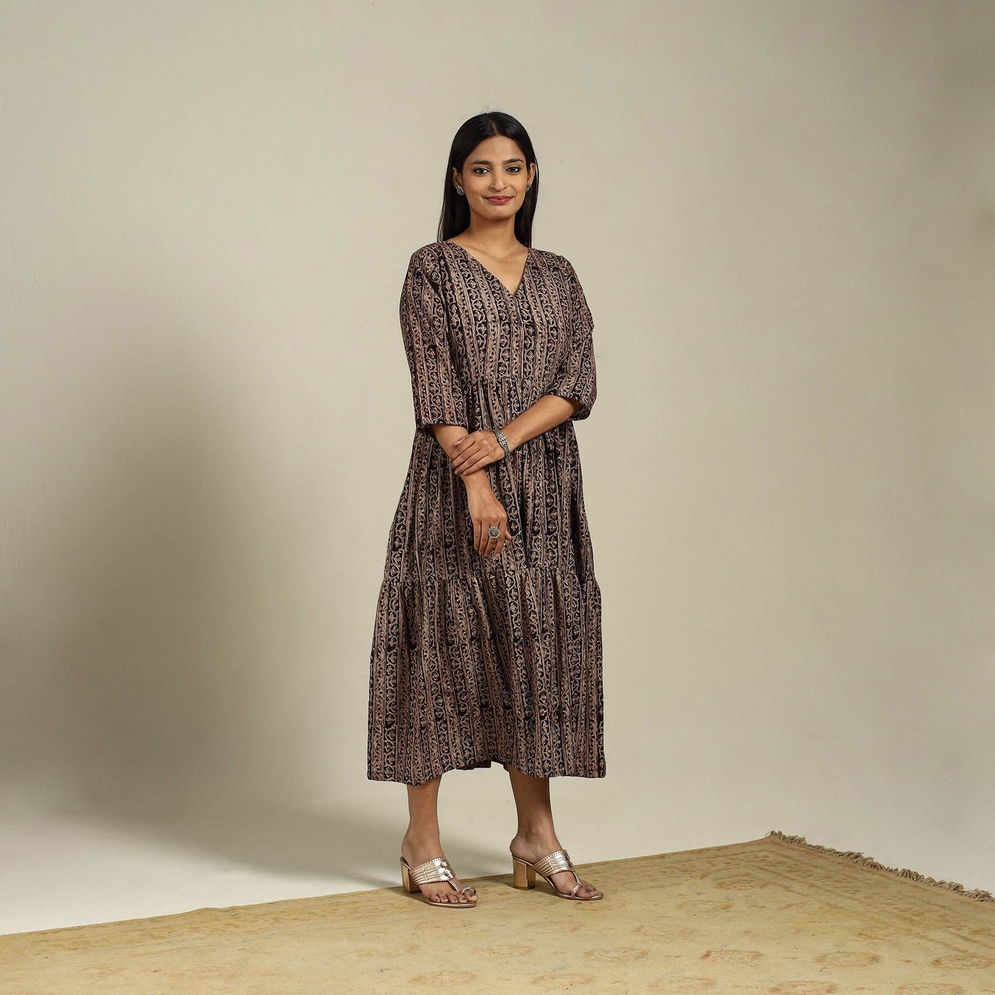 Black Block Print Natural Dyed Cotton Tiered Kalamkari Dress