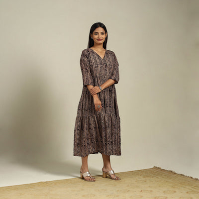 Black Block Print Natural Dyed Cotton Tiered Kalamkari Dress