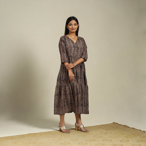 Black Block Print Natural Dyed Cotton Tiered Kalamkari Dress
