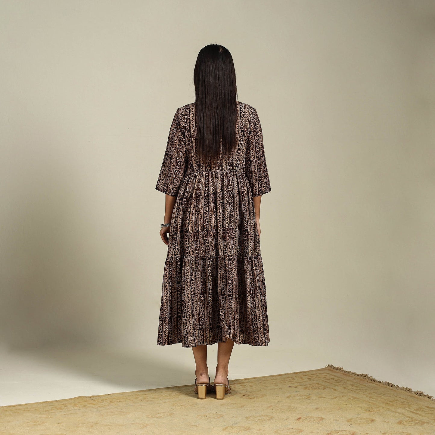 Black Block Print Natural Dyed Cotton Tiered Kalamkari Dress