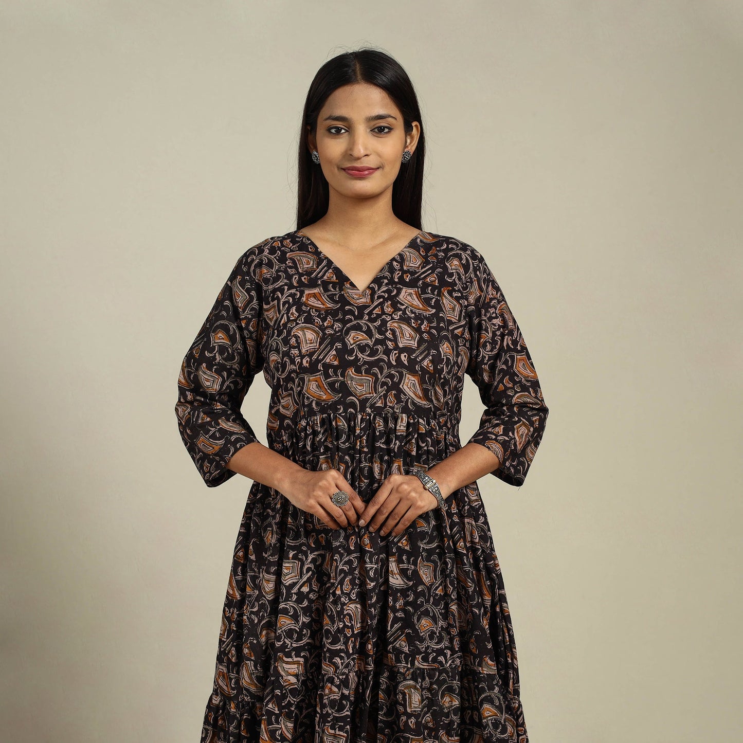 Black Block Print Natural Dyed Cotton Tiered Kalamkari Dress