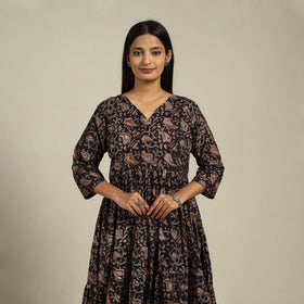Black Block Print Natural Dyed Cotton Tiered Kalamkari Dress