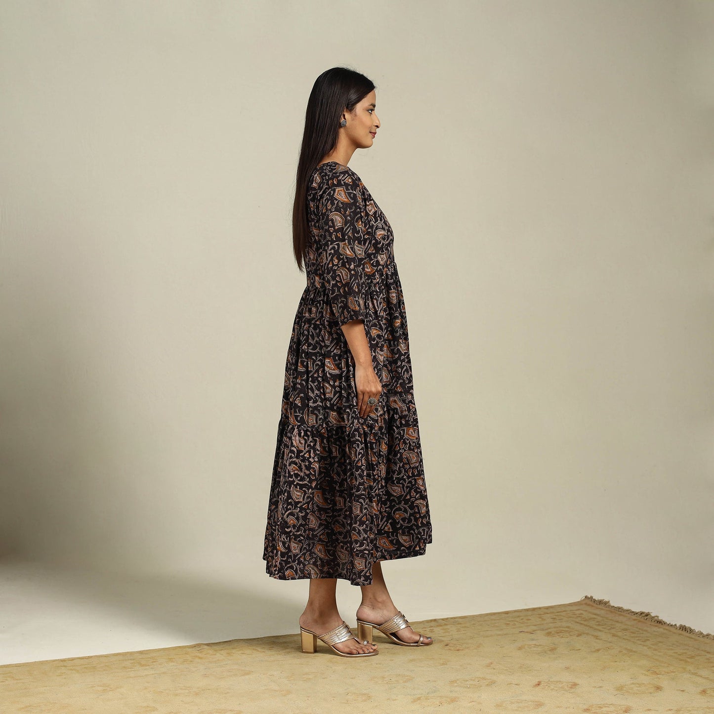 Black Block Print Natural Dyed Cotton Tiered Kalamkari Dress