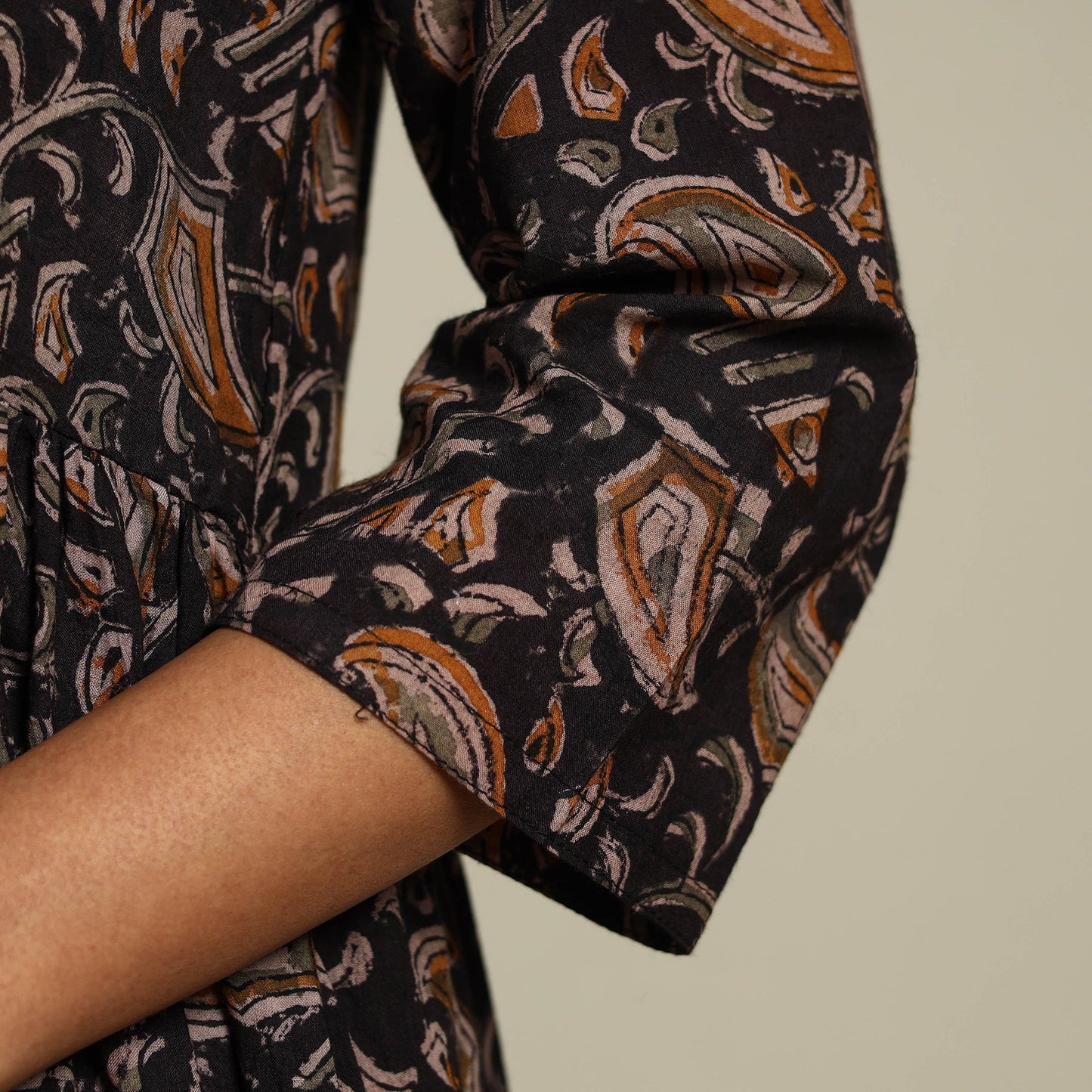 Black Block Print Natural Dyed Cotton Tiered Kalamkari Dress