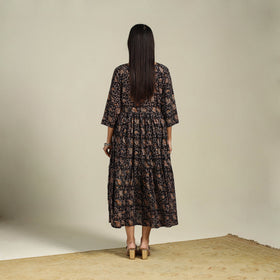 Black Block Print Natural Dyed Cotton Tiered Kalamkari Dress