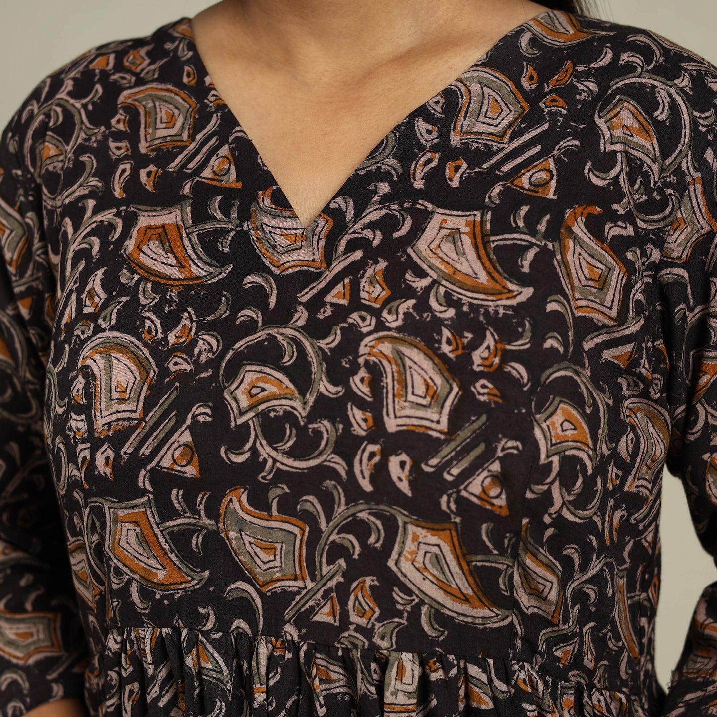 Black Block Print Natural Dyed Cotton Tiered Kalamkari Dress